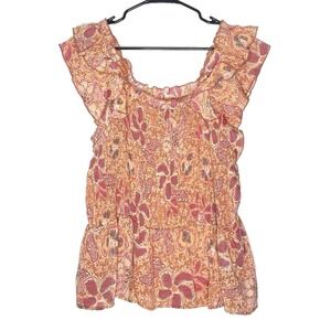 Nanette Lepore Womens Sleeveless Top L Coral Pink Floral Ruffle Romantic Summer